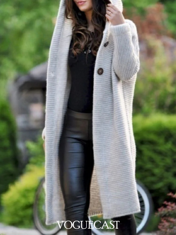 Knitted Hooded Long-sleeved Cardigan