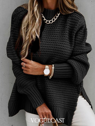 Half Turtleneck Knitted Sweater with Side Slits