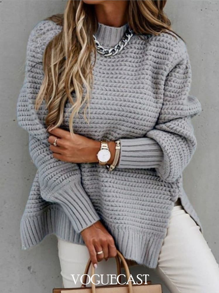 Half Turtleneck Knitted Sweater with Side Slits