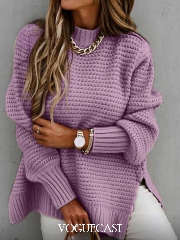 Half Turtleneck Knitted Sweater with Side Slits