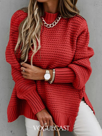 Half Turtleneck Knitted Sweater with Side Slits