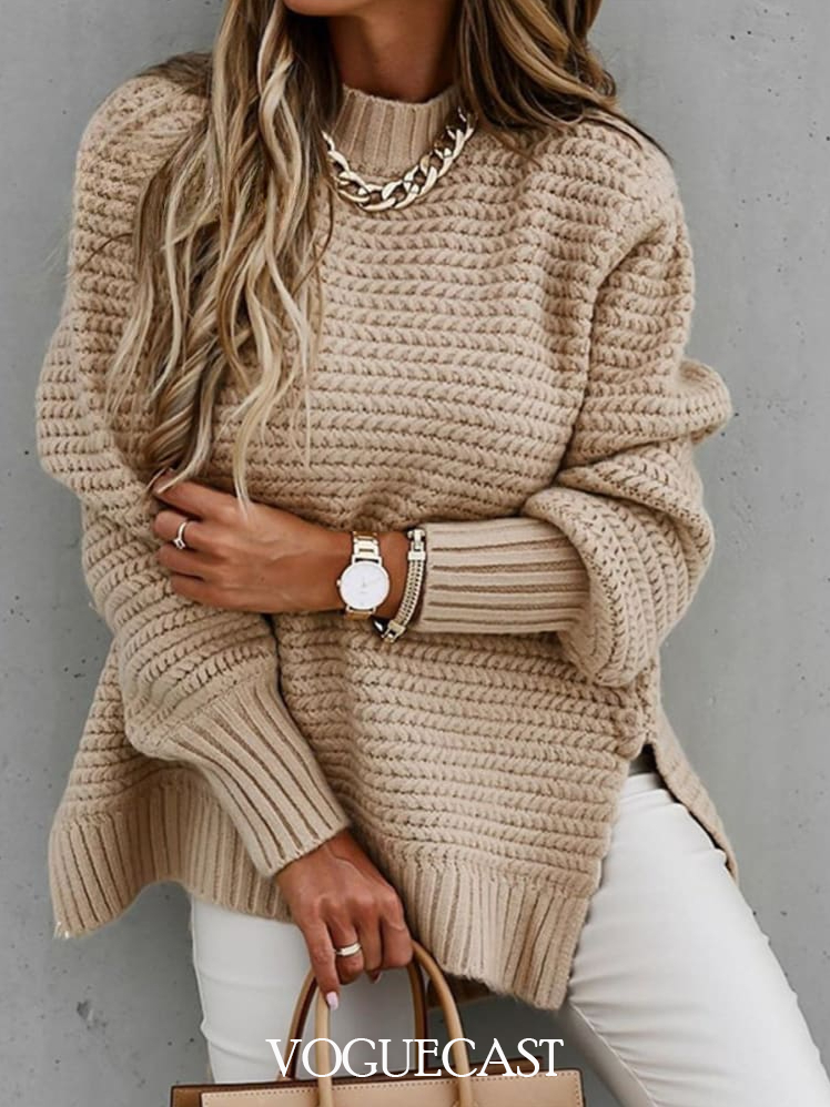 Half Turtleneck Knitted Sweater with Side Slits