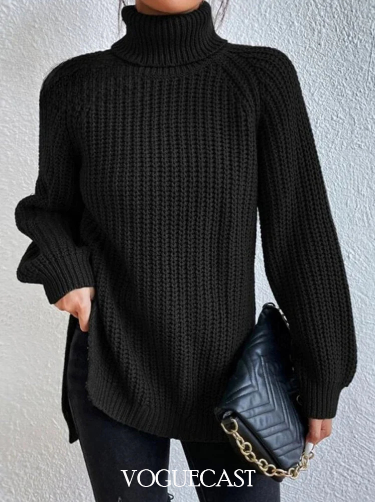 Raglan Sleeve Turtleneck Slit Sweater