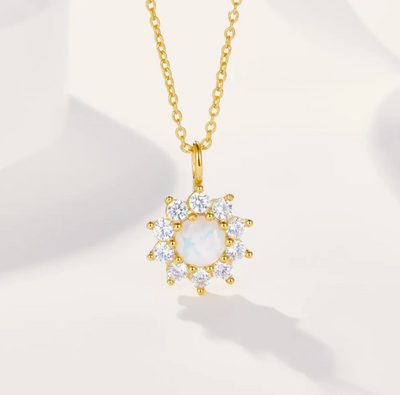 Sparkling White Opal Sunflower Necklace